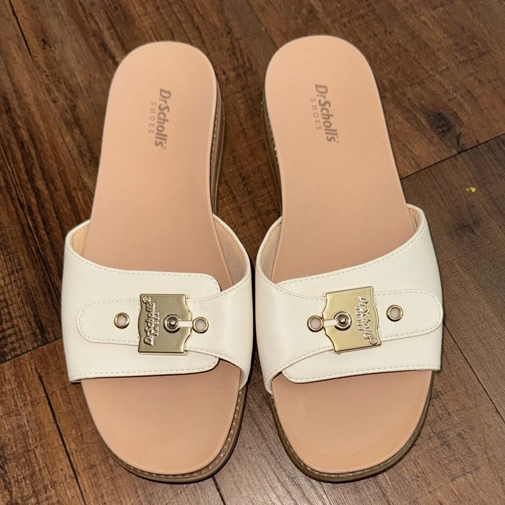 Dr. Scholl's Cream Slide Sandals with Gold Hardware